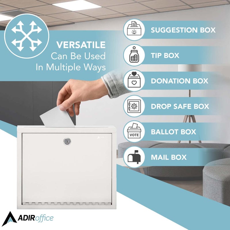 Adir Corp. AdirOffice Multi Purpose Mail Box with Lock - Heavy Duty Drop Box - Commercial Suggestion Box -Wall Mountable Safe and Secure Ballot Box - 3"" x 10"" x 12"" -White - Image 5
